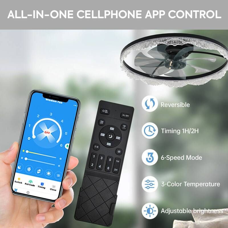 Acrylic Crystal Ring Ceiling Fan with Dimmable Light & Remote Control, Modern Flush Mount Ceiling Light with Fan for Bedroom