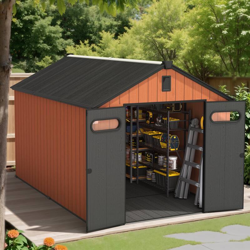 8X12 FT All-Weather Waterproof Plastc Outdoor Resin Storage Shed Windows Lockable Door with Floor for Patio Furniture and Tools