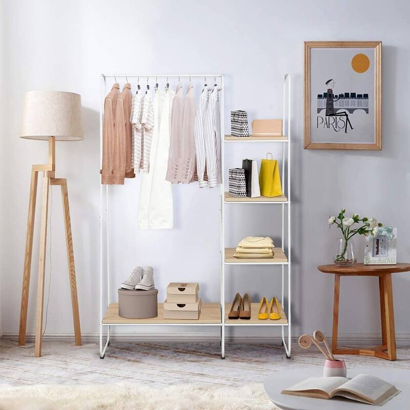 White Freestanding Garment Rack with Shelves and Hanging Rod for Bedroom or Living Room - 40" x 15.5" x 59.5" (L x W x H)