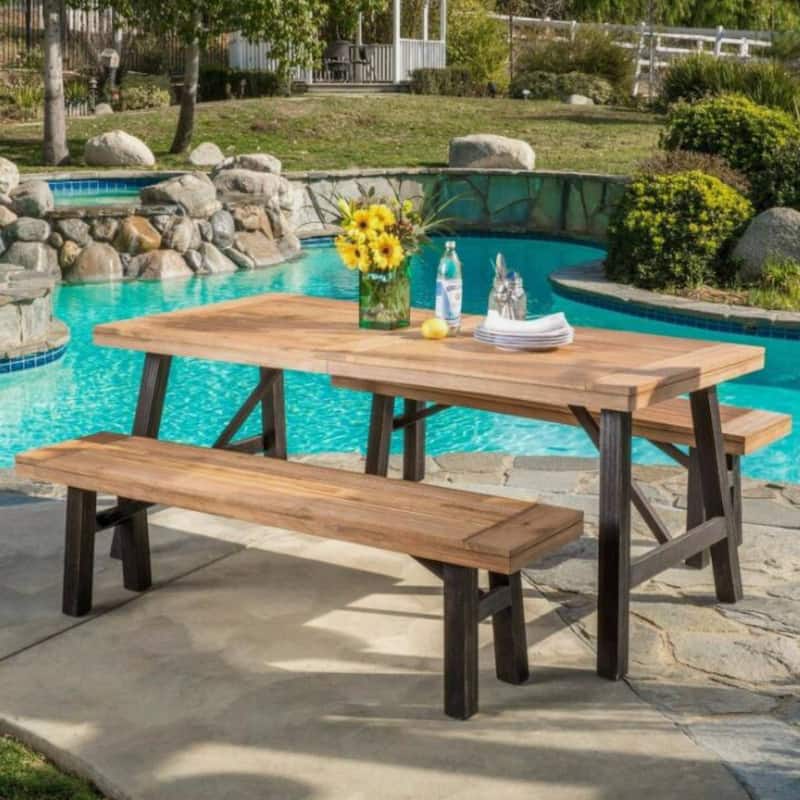 Outdoor 3 Piece Acacia Wood Rectangular Dining Table Set with 2 Benches Slatted Tabletop Patio Garden Picnic Table - Light Brown