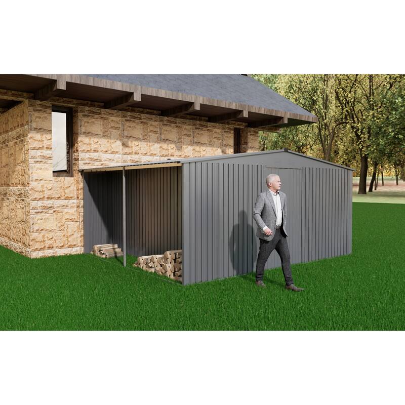 GDFStudio - Olivia Bennett Dual- Metal Outdoor Storage and Firewood Shed with Apex Roof Design - 14 ft x 12 ft - Grey