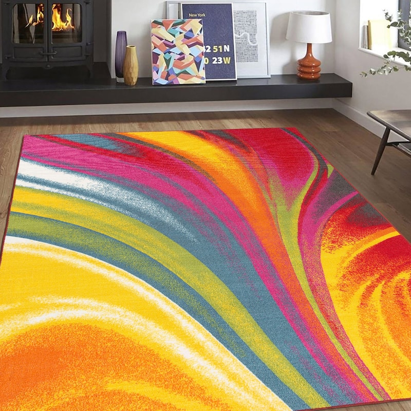 World Rug Gallery Modern Contemporary Waves Multicolored Non-slip Non-skid Area Rug