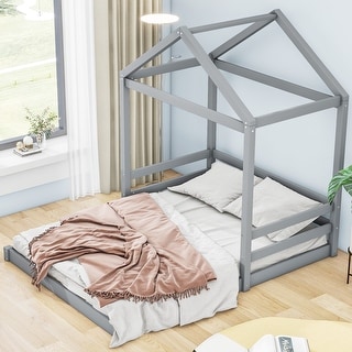 Wooden Full Size House Kids Bed Frame with Guardrail, Safety Guaranteed, Grey