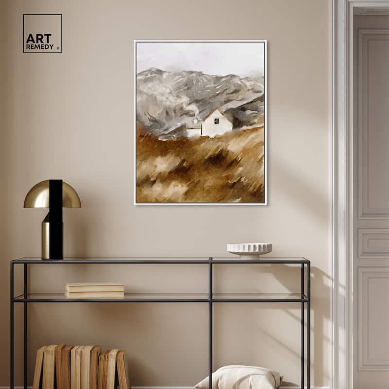 Art Remedy House In The Mountains Framed Landscape 1 Piece Canvas Wall Art Watercolor Style
