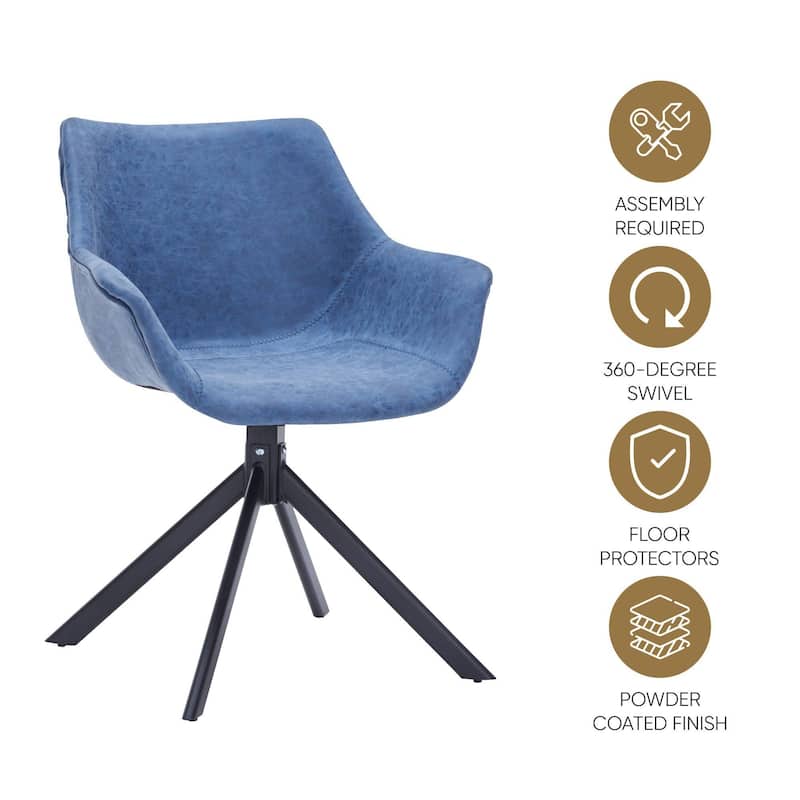 Markley Modern Swivel Dining Chair with Distressed Leather Upholstery, Ergonomic Back, and Black Metal Legs for Home or Office
