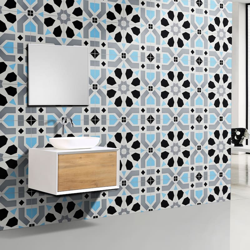 Handmade Azilal in Black, Grey, and Blue Tile, Pack of 12 (Morocco)