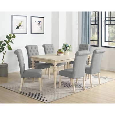 Casual 7 Pieces Wooden Turned-Leg Dining Table with 6 Tufted Upholstered Chairs
