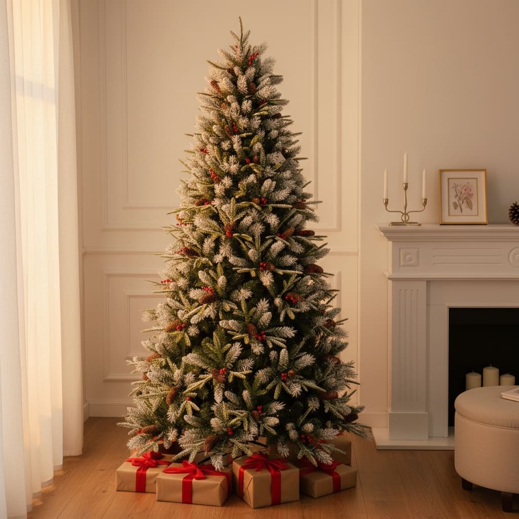 HomeRoots 7' Full Frosted Fir Christmas Tree With Decorations - Green - 48.00 in. x 84.00 in. x 48.00 in.