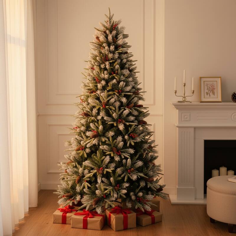 HomeRoots 7' Full Frosted Fir Christmas Tree With Decorations - Green - 48.00 in. x 84.00 in. x 48.00 in. - Green - 7 Foot