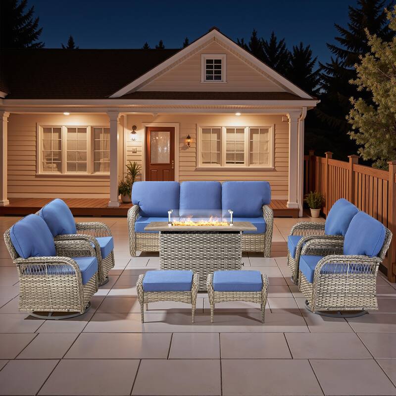 Pocassy Outdoor Fire Pit Table with Swivel Chair Sofa Ottoman Funiture Set. - Gray Wicker Blue Cushion - 8-Piece Sofa Swivel Chair Ottoman w/ Fie Table