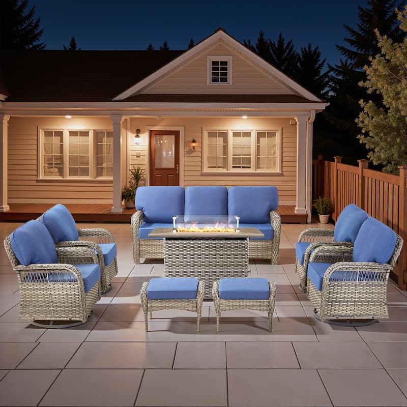 Pocassy Outdoor Fire Pit Table with Swivel Chair Sofa Ottoman Set. - Gray Wicker Blue Cushion - 8-Piece Sofa Swivel Chair Ottoman w/ Fie Table