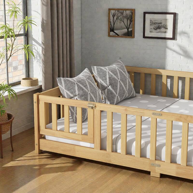 Floor Bed with Fence, Solid Rubber Wood Montessori Floor Bed with Safety Guardrails