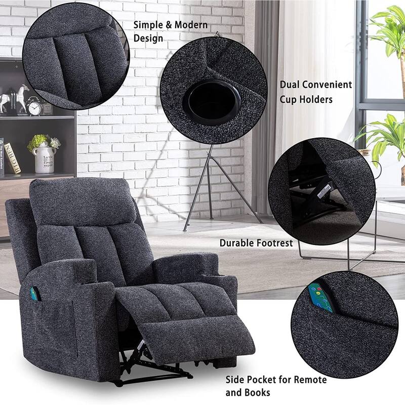 Massage and Heating Manual Recliner Chair with 2 Cup Holders Breathable Fabric