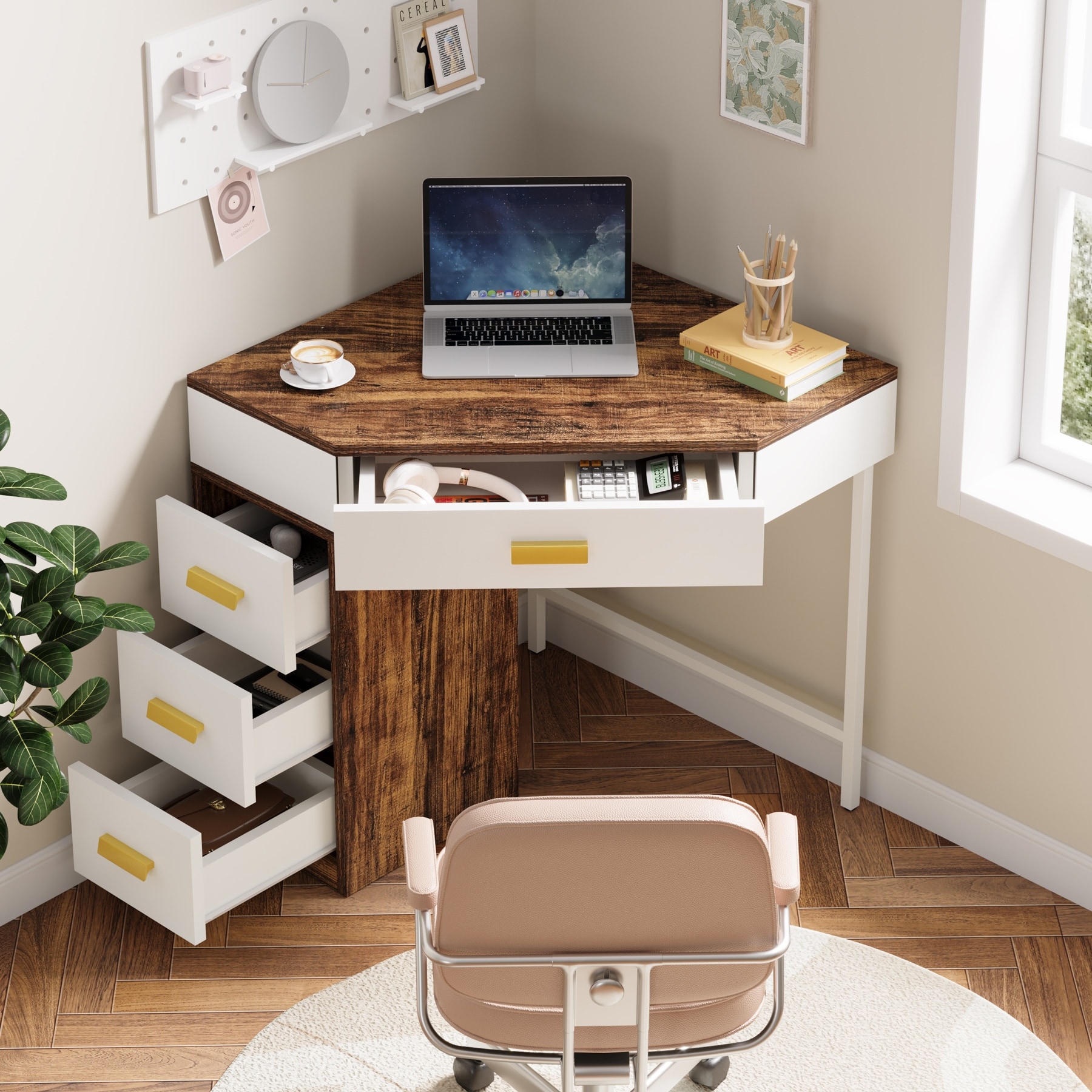 Corner Desk with Drawers, Computer Writing PC Makeup Vanity Storage Desk, Home Office Living Room Bedroom Accent Desk