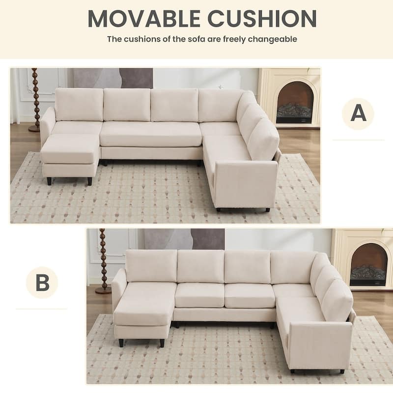 Modern U-Shaped Chenille Modular Sectional Sofa with Ottoman, Overized Corner Couch for Living Room - 107" W