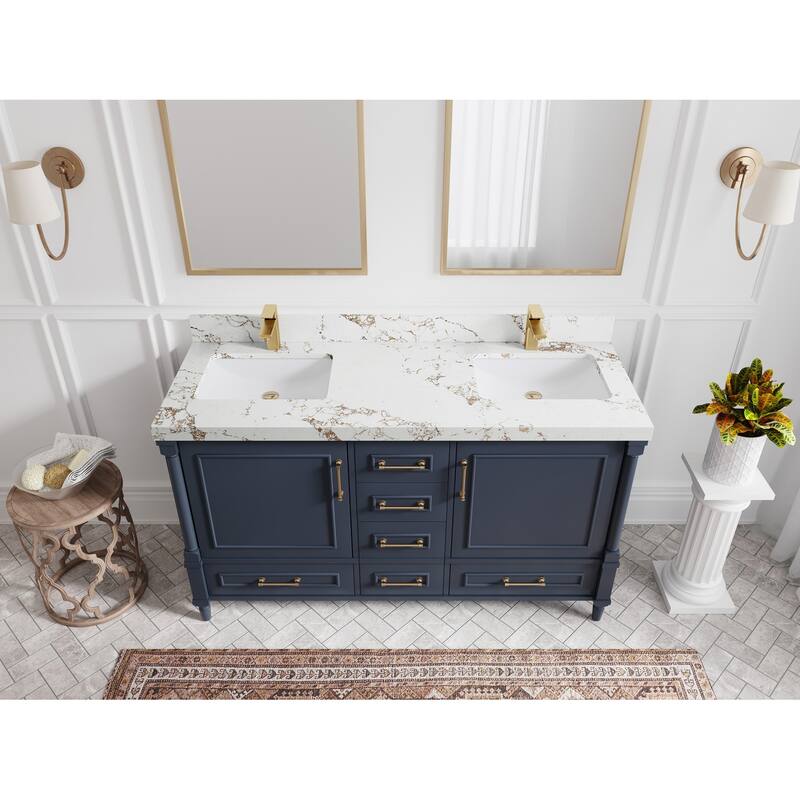 Willow Collections 60 in. W x 22 in. D Aberdeen Double Sink Bathroom Vanity with Countertop - 2" Viola Gold - Hale Navy Blue