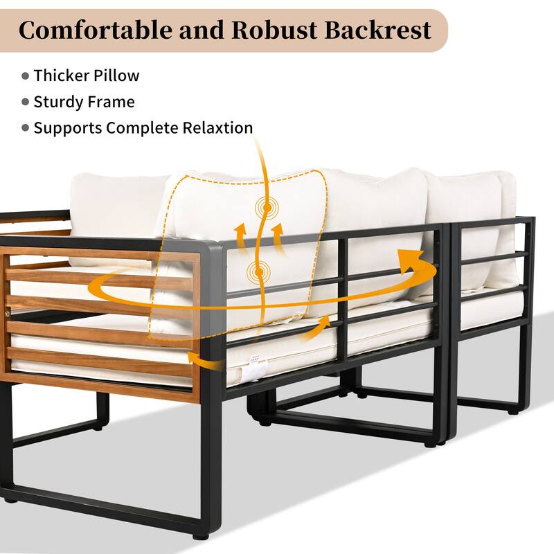 4 Pieces Outdoor Patio Conservation Set, Metal and Wood Frame Sectional L-shaped Sofa with Soft Cushion and a Coffee Tab