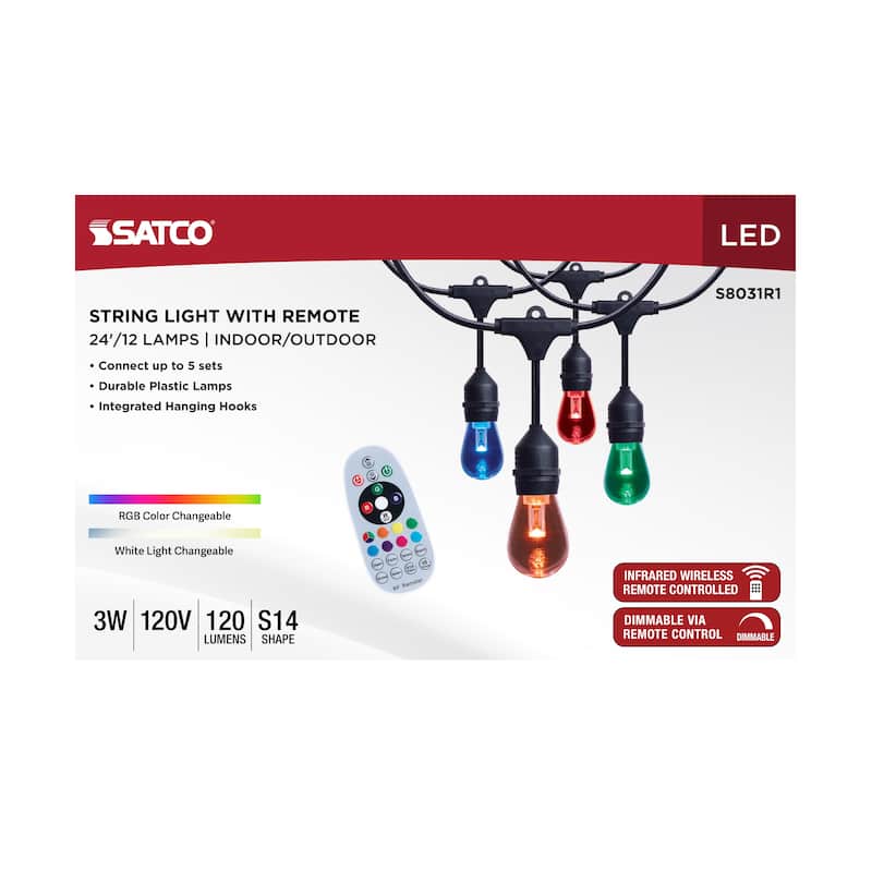 24 Foot LED String Light 12-S14 Lamps E26 RGBTW Infrared Remote Black 120V