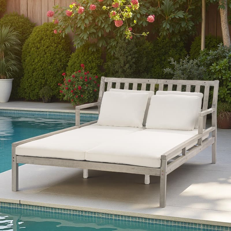 Outdoor Patio Acacia Wood Double Daybed Sunbed with Four Pillows - Gray+Beige