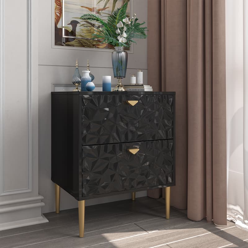 Clihome 2 Drawers High Gloss Storage Accent Nightstand for Bedroom