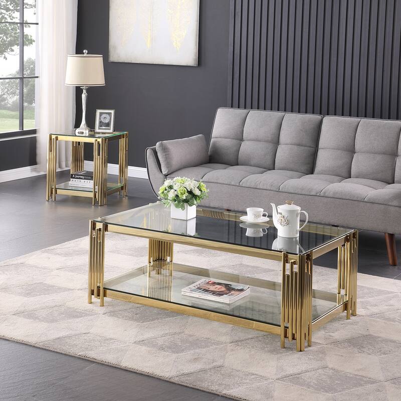 48" Wide Rectangular Coffee Table with Glass Top, Golden Stainless Steel Double-Layer Coffee Table for Living Room