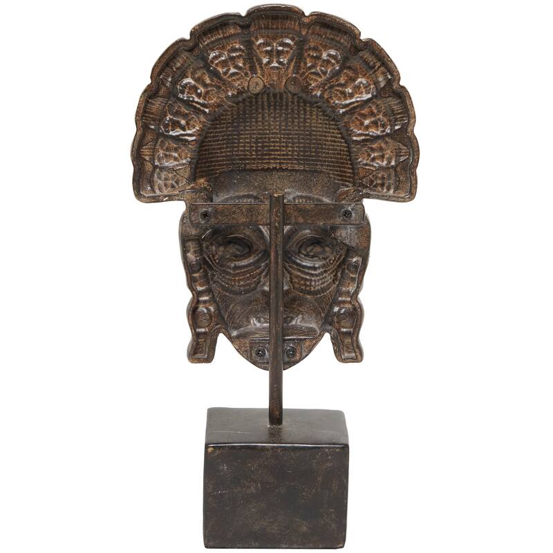 Brown Polystone Primitive African Mask and Standing African Woman Sculpture Wall Decor