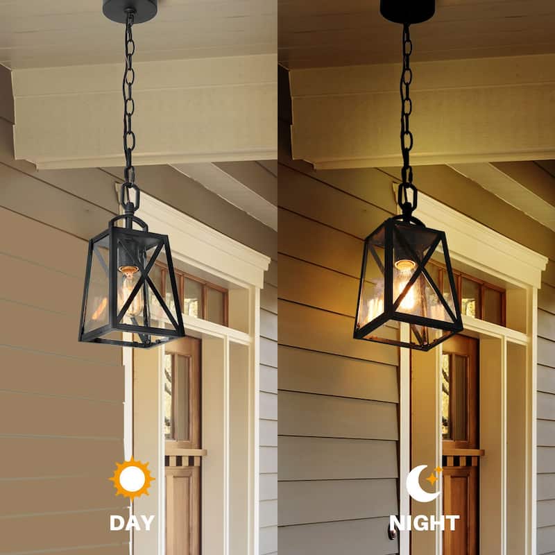 Bern 1-Light Black Lantern Outdoor Light Hanging Pendant with Seeded Glass for Porch - L 5.5"x W 4.5"x H 70"