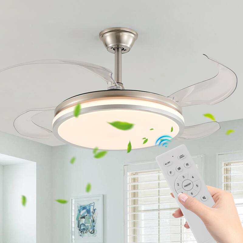 Retractable Ceiling Fan with Light and Remote Control, 6 Speeds DC Motor Ceiling Fan for Living Room Bedroom - 42 Inch
