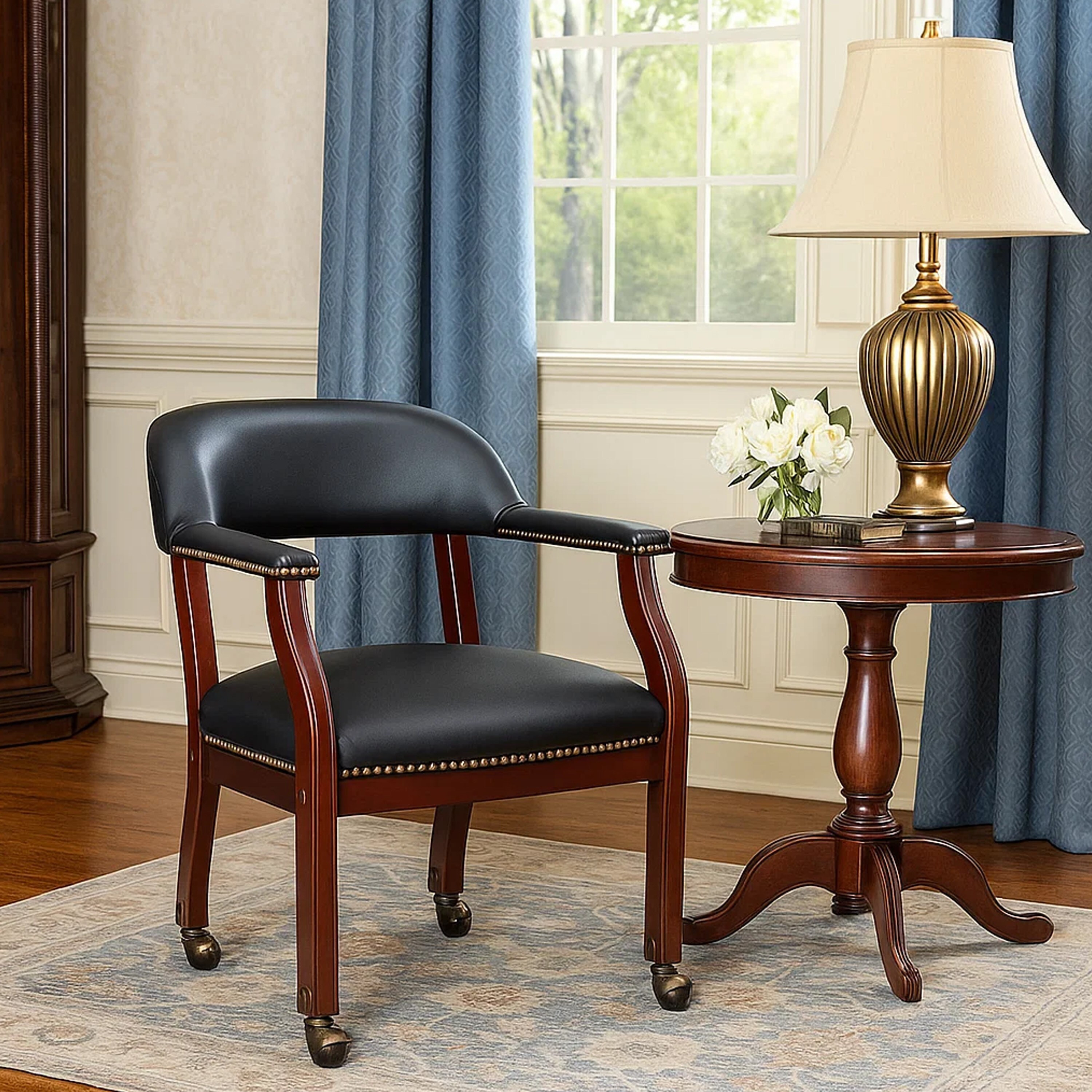 Anna Captain Chair, Brass Rivet Trim, Hooded Wheels, Black