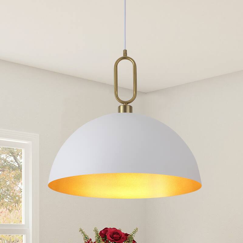 1-Light Industrial Metal Dome Pendant with Golden Ring Accent - White