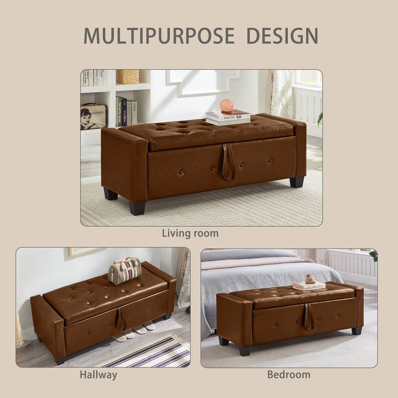 Tufted Faux Leather Storage Ottoman Bench for Bedroom, Living Room & Hallway, 48" Multifunctional Upholstered End of Bed Bench