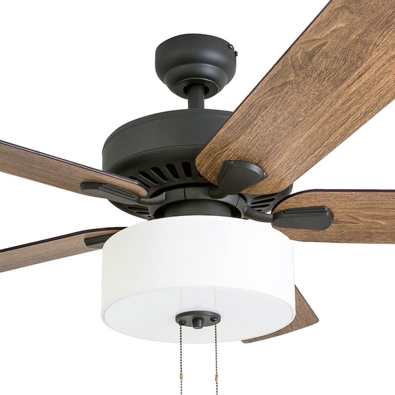 The Gray Barn Hatekin Farmhouse 52-inch Aged Bronze LED Ceiling Fan in Linen Drum Light in 3-speed Remote