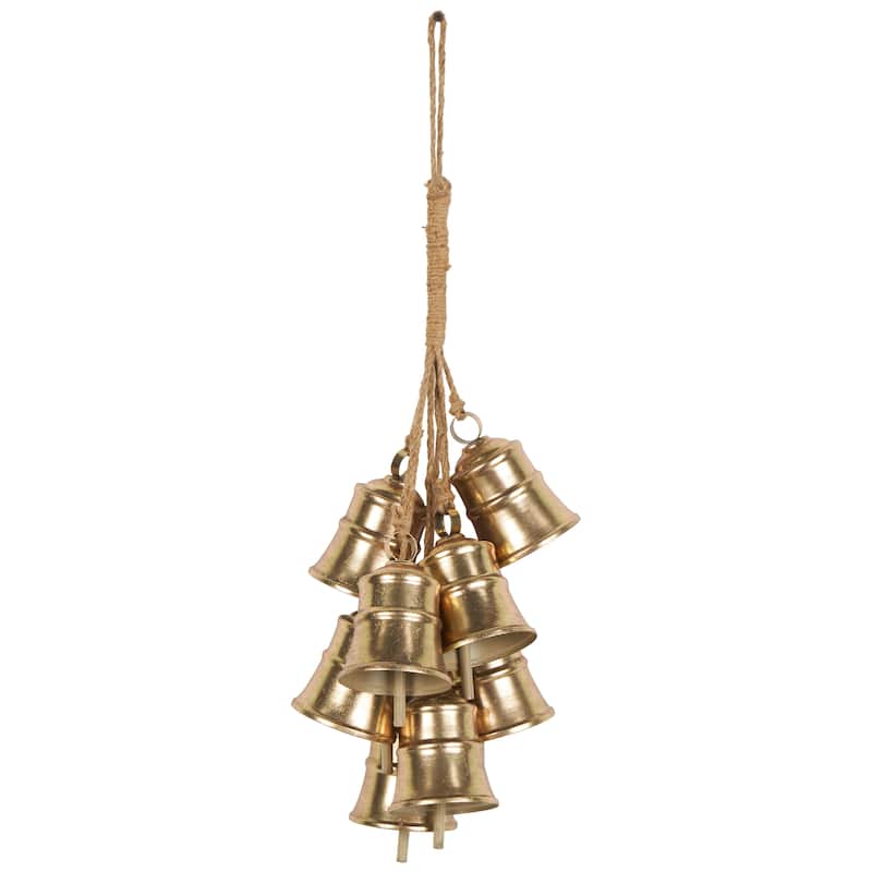 Metal Cascading Cluster Decorative Bells with Jute Hanging Rope - Gold - Roche River Decor - Gold - 10"W, 25"H