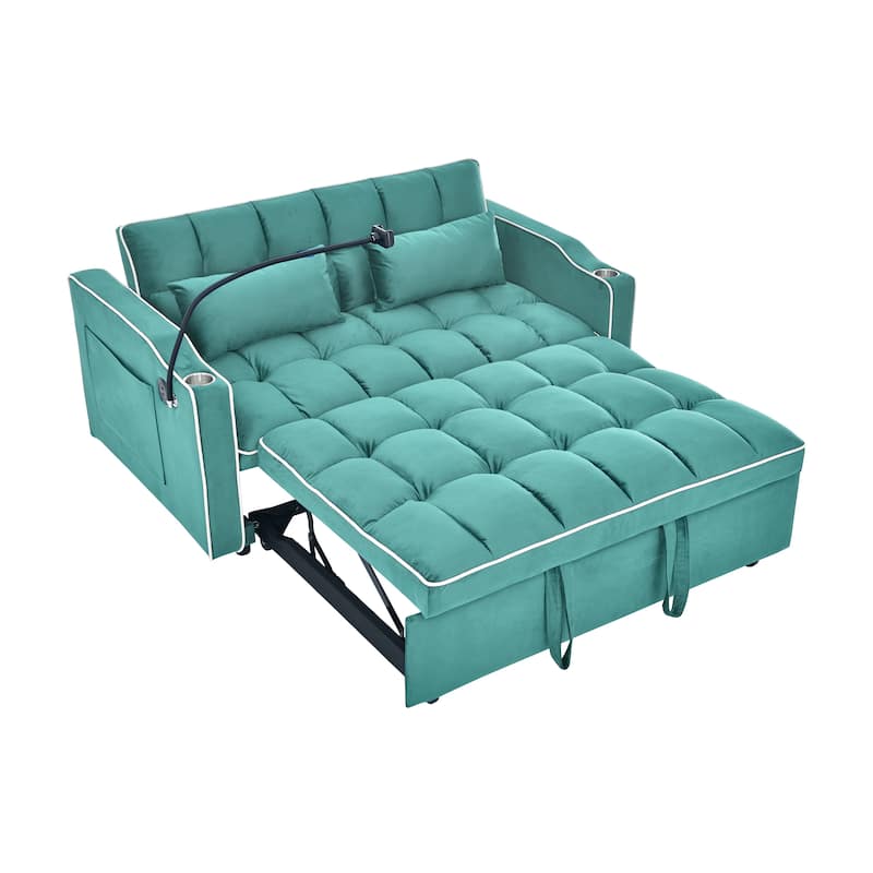 55.51 Inch Foldable Sofa Bed In 3 Lengths,Velvet Pull-out Bed,Adjustable Back,With USB Port And Ashtray And Swivel Phone Stand