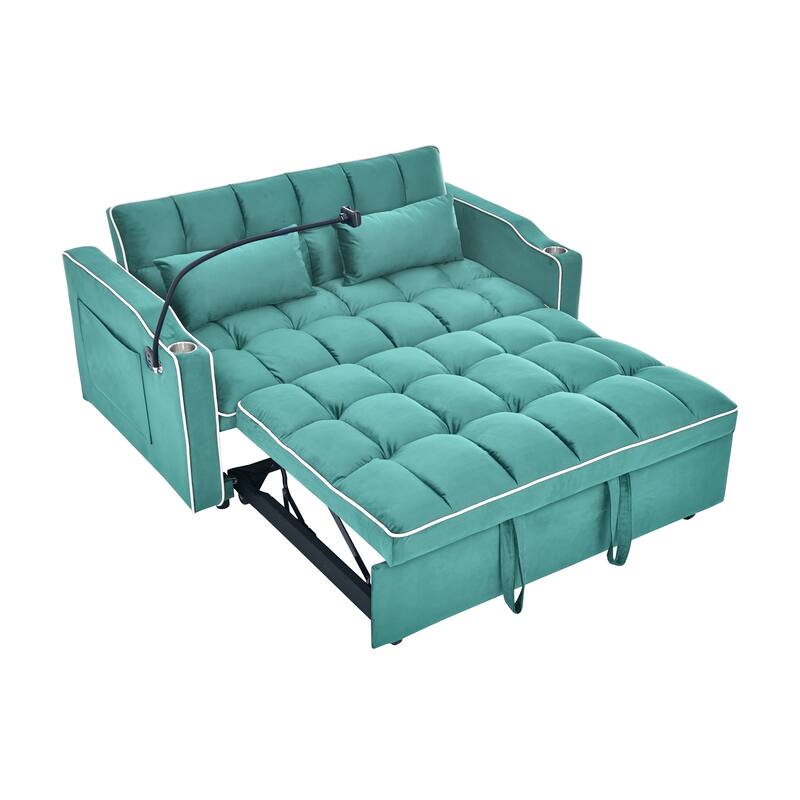 55.51 inch versatile foldable sofa bed in 3 lengths modern sofa velvet pull-out bed, adjustable back USB port swivel phone stand