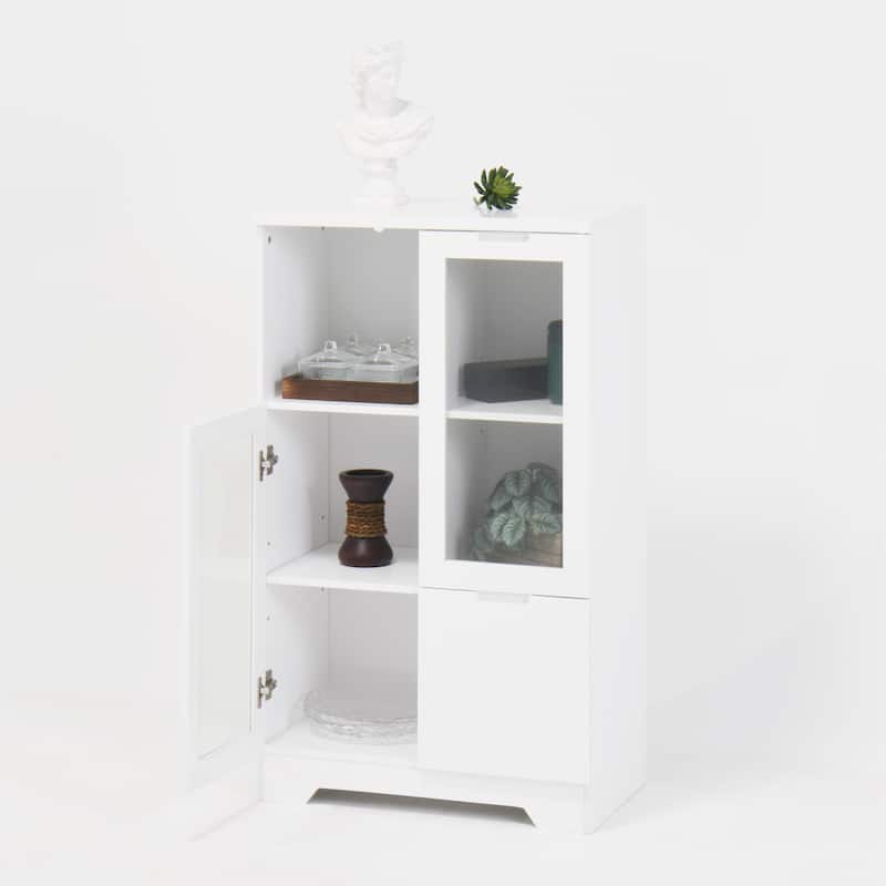 Wooden Floor Cabinet with 2 Glass Doors and 2 Storage Space,White ,Living Room Bathroom Entryway White