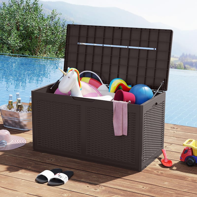 100 Gallon Outdoor Lockable Lid Deck Box with Wheels and Bench Seating for Patio Storage or Backyard Use - Brown