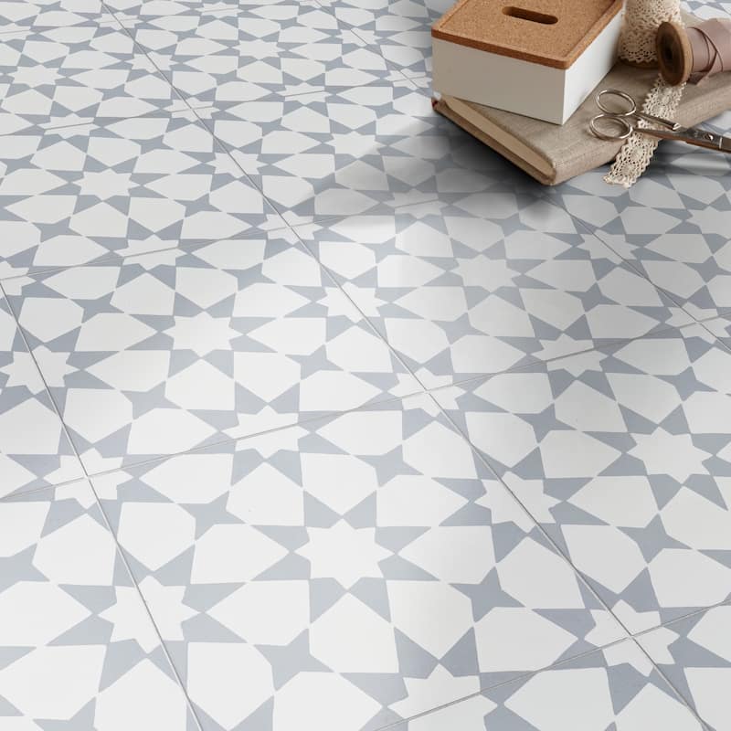 Medina Handmade Cement Tile, 8''x8'',White-Grey , Set of 12( Morocco)