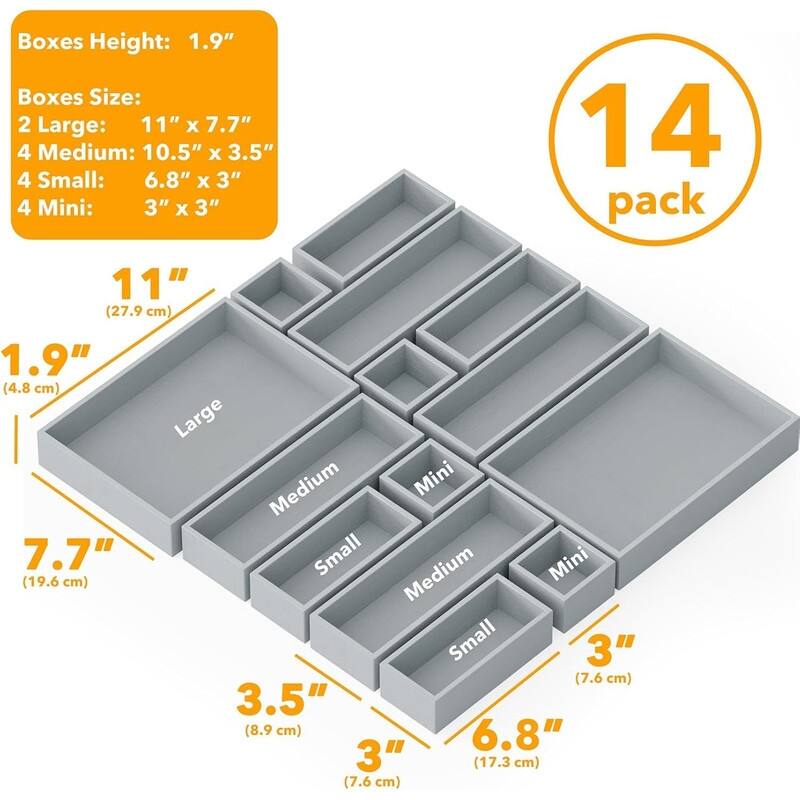 14-Piece Bamboo Drawer Organizer Storage Boxes Set, Wood Tray Junk Drawer Organizers Multi-Use Divider Bins