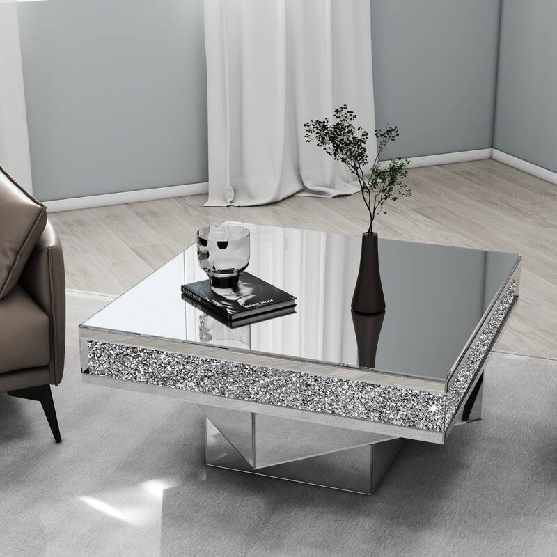 Glam Triple Mirror Diamond Coffee Table Accent Table - Silver