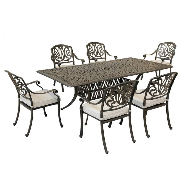 Saratoga 7-piece Gun Metal Aluminum Rectangle Dining Set with 6 Cushioned Arm Dining Chairs
