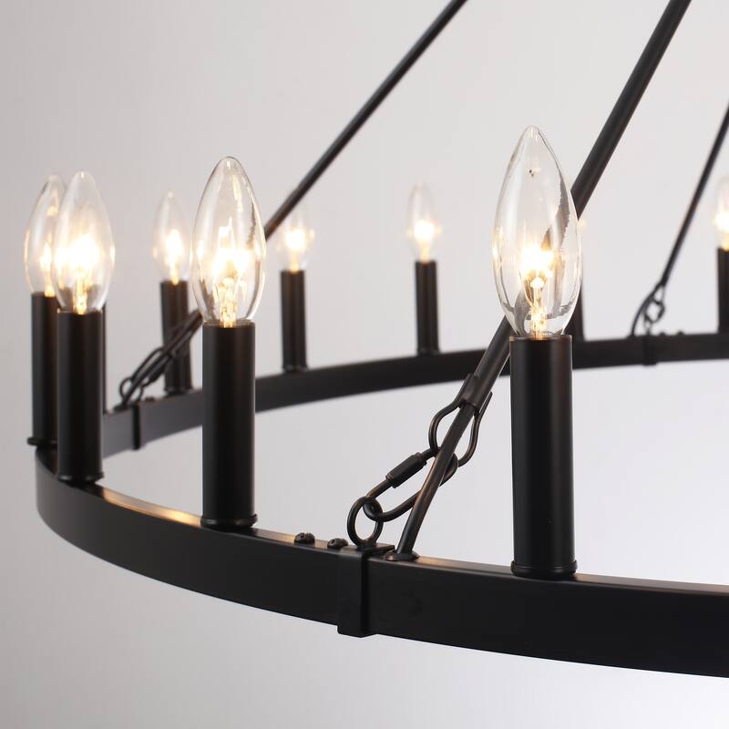24 - Light 52in. Lagre Dimmable Wagon Wheel Chandelier Farmhouse Round Vintage Candle Style Light - N/A