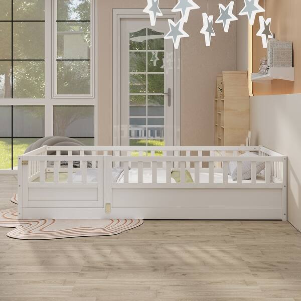 slide 2 of 14, White Twin Size Pine Wood Floor Bed with Full-Length Guardrail and Door Twin - White