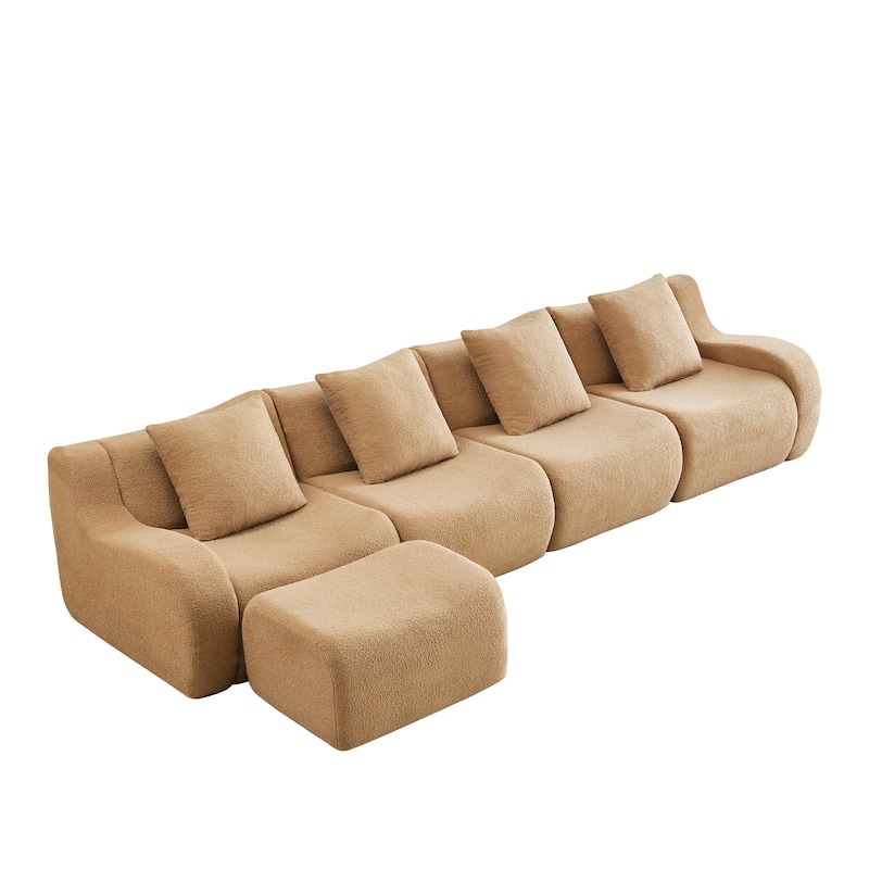 Oversized Sectional Sofa with Ottoman for Living Room, 118" Modern Floor Teddy Fabric Sofa L-Shape Couch with 4 Throw Pillows