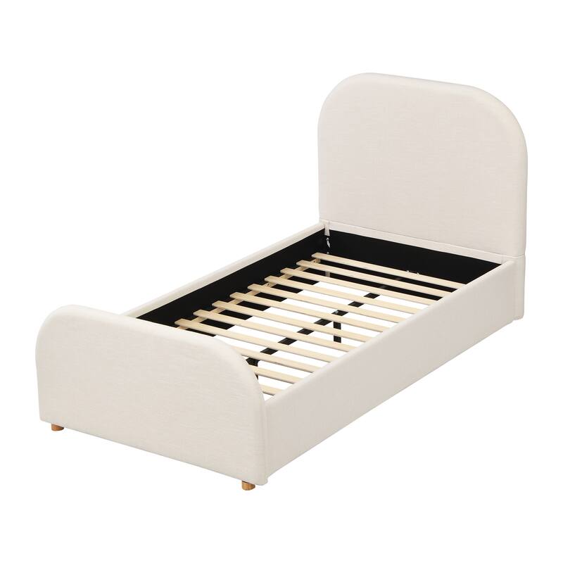 King/Queen/Twin Bed Frame with Linen Curved Headboard & Solid Wood Legs