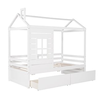 Twin House Bed with Drawers & Guardrails - Sturdy Wooden Frame for Kids