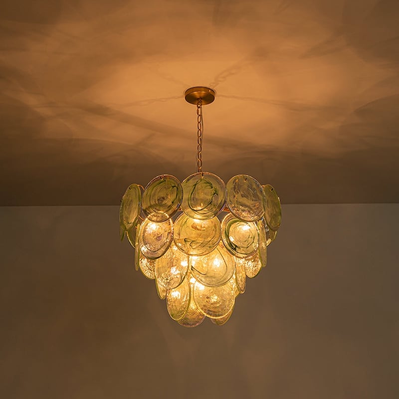 Glam Tiered Pearlescent Green Misty Glass Round Chandelier