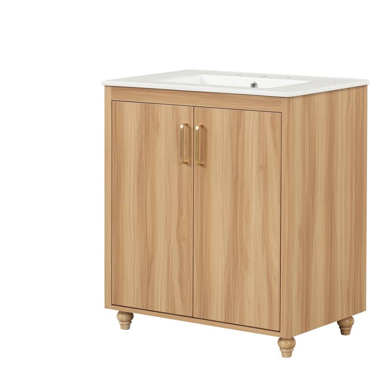 30" Bathroom Vanity with Sink Combo, Multi-functional Bathroom Cabinet with Doors and Drawer, MDF Board, Natural