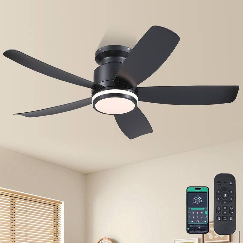 41 Inches Ceiling Fan with Light,5 ABS Blades,Flush Mount Low Profile Ceiling Fan with Light and Remote for Bedroom Living Room - Black