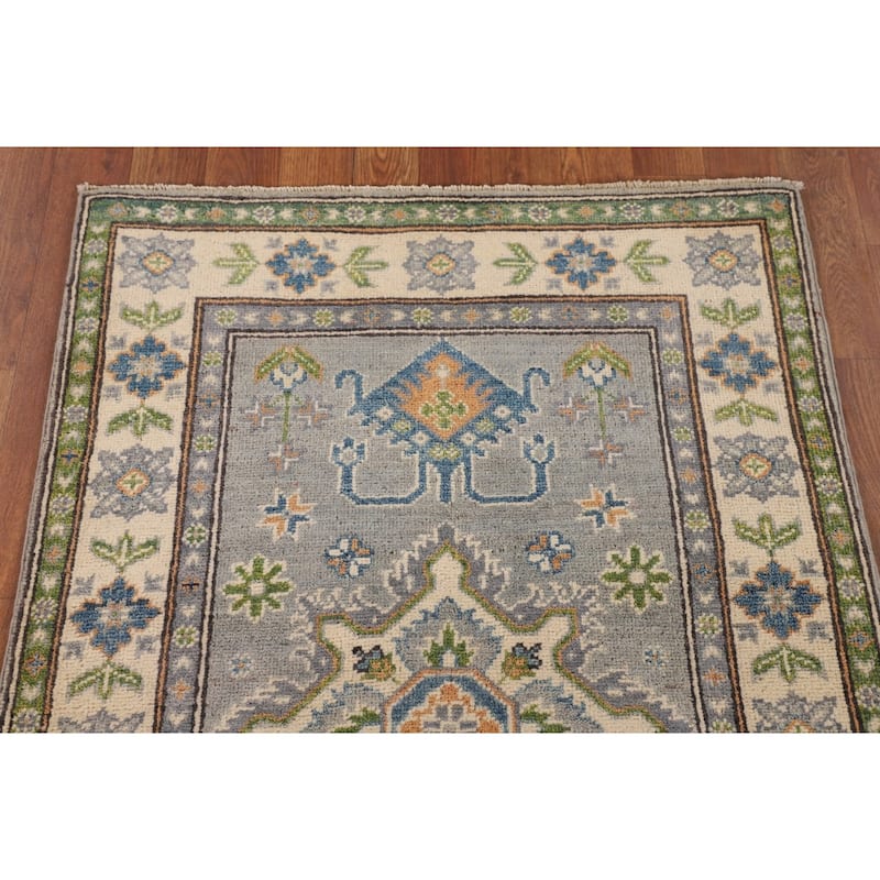 Gray Geometric Kazak Oriental Accent Rug Handmade Foyer Wool Carpet - 2'8" x 4'1"